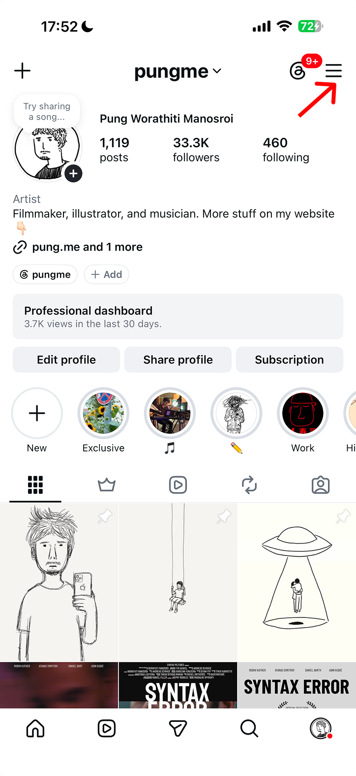 Instagram Profil mit Menü-Symbol oben rechts