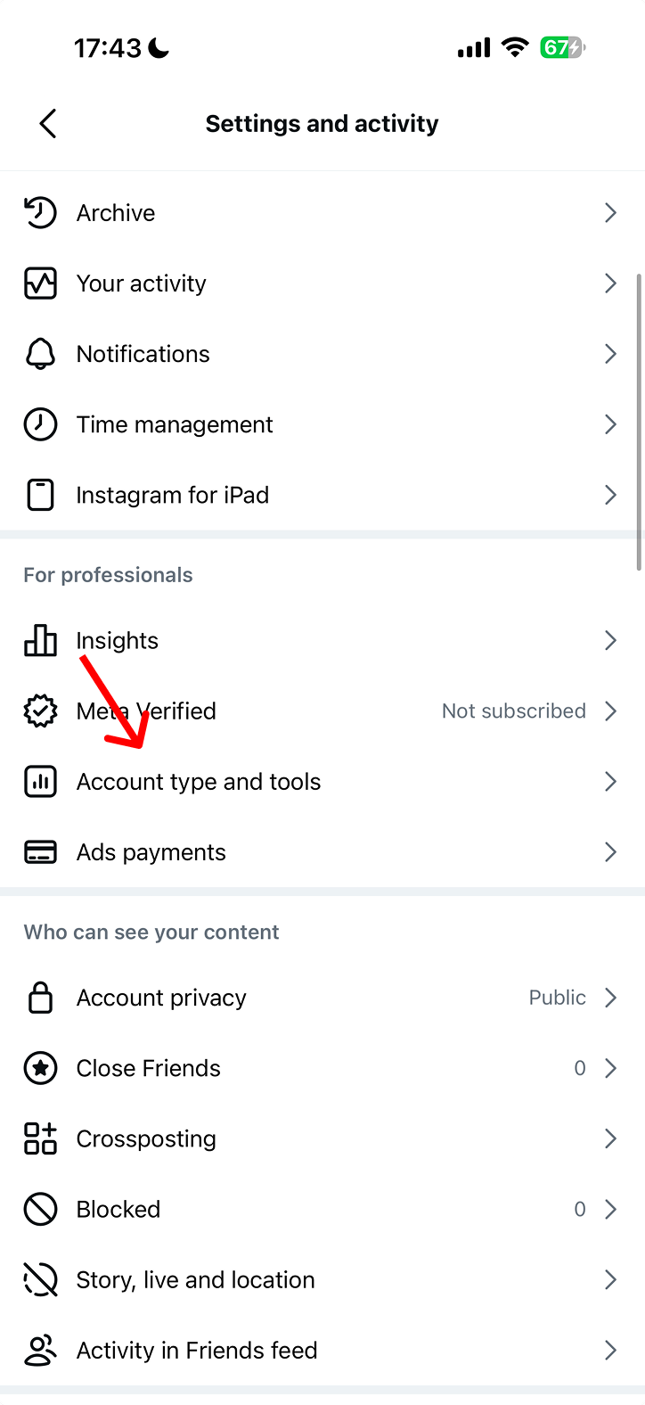 Instagram Einstellungen mit Account type and tools